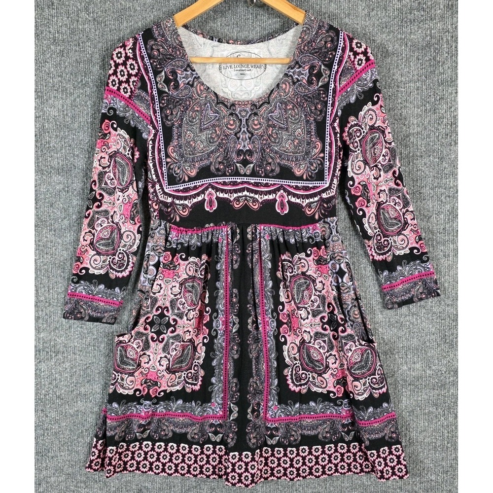 Soma Tunic Top Womens Small Paisley Boho 3/4 Sleeve Pockets Cozy Mini Dress Soft